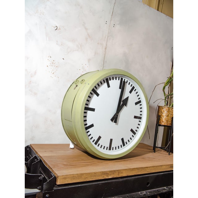 Industrial Double-Faced Illuminated Railway Station Clock with Green Quartz Conversion from RFT, Germany, 1950s For Sale - Image 3 of 14