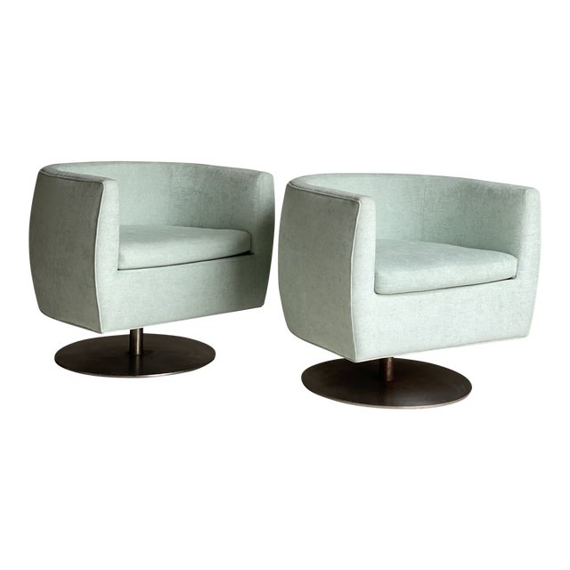 1970s Vintage Newly Upholstered Mint Swivel Bucket Chairs a Pair