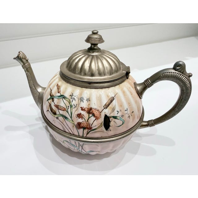 Victorian Pink Enamel and Pewter Teapot - Late 1800's For Sale - Image 3 of 6