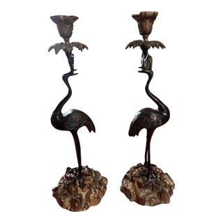 Pair of Reproduction Bronze Crane Candlesticks From the Japanese Meiji Period. For Sale