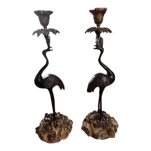Pair of Reproduction Bronze Crane Candlesticks From the Japanese Meiji Period.