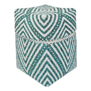 Vintage Turquoise & White Beaded Bamboo Box Medium For Sale