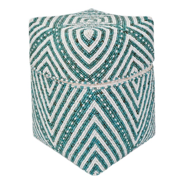 Vintage Turquoise & White Beaded Bamboo Box Medium For Sale