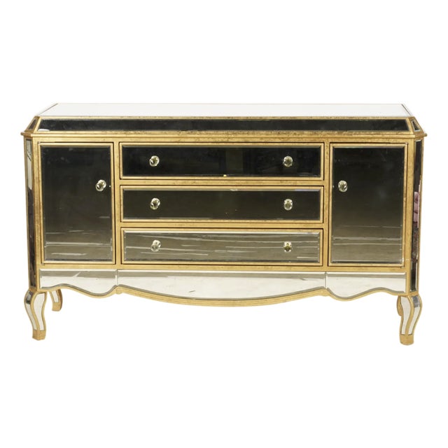 Late 20th Century Hollywood Regency Giltwood and Mirrored Glass Sideboard With Crystal Knobs For Sale