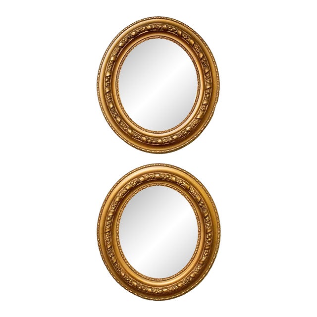 Pair of Antique Victorian Gilded Oval Mirrors in Wood Gesso Frames For Sale