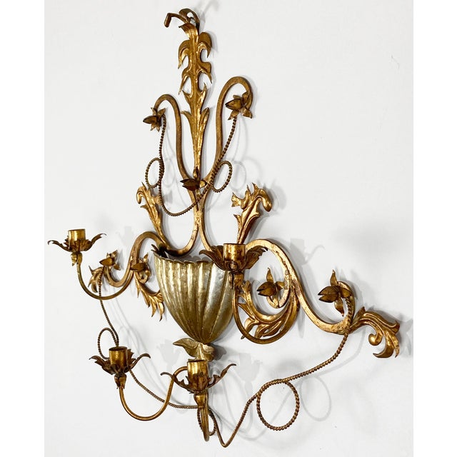 Hollywood Regency Vintage Italian Gilt Tole Metal Four Candle Wall Sconce W Wall Pocket For Sale - Image 3 of 7
