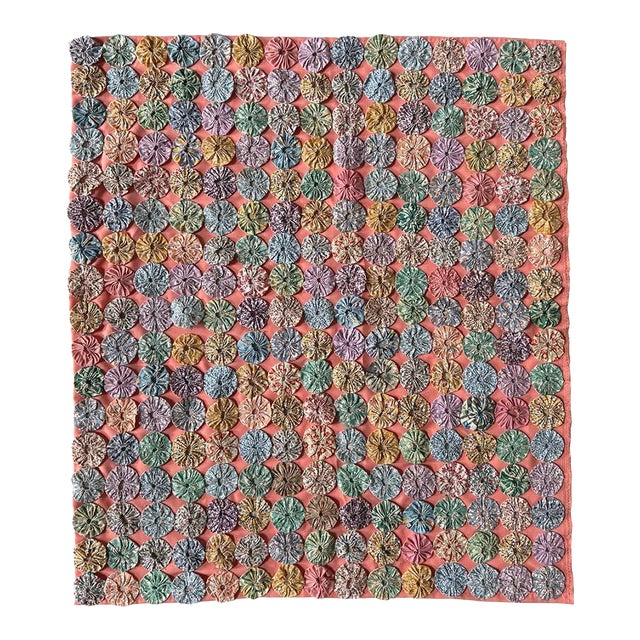 Vintage Handmade Yo-Yo Patchwork Folk Art Quilt For Sale