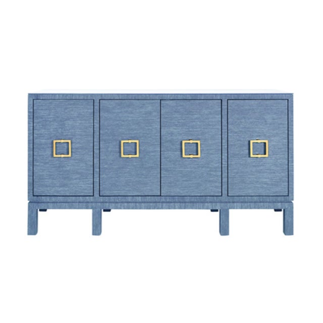 Cornflower Blue Matthew Izzo Home Effie Denim Blue Grasscloth Four Door Buffet With Glass Top and Brass Square Handles For Sale - Image 8 of 8
