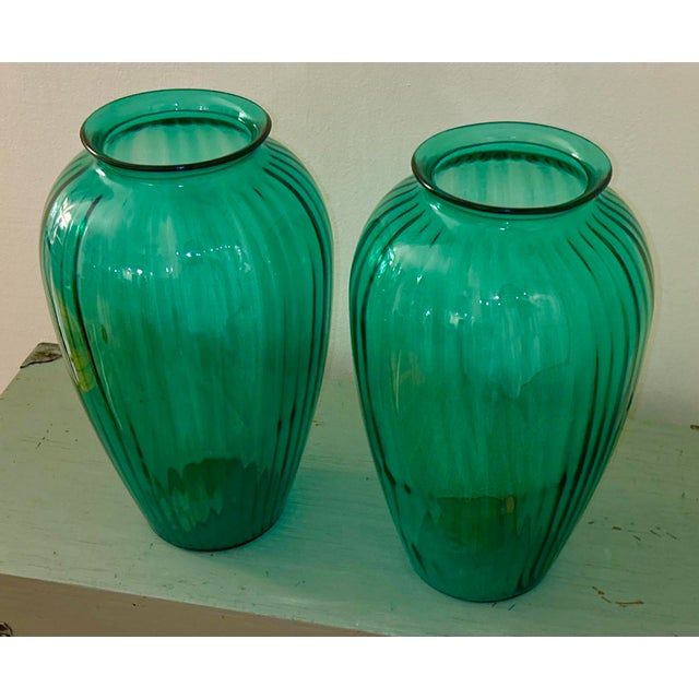 Stunning pair of Vintage Anchor Hocking Teal Ribbed Melon Vases. These large, beautiful vases are an amazing hue of green...