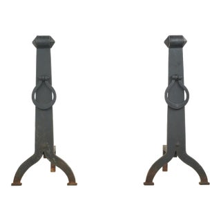 Pair of Antique Arts & Crafts Wrought Iron Andirons For Sale