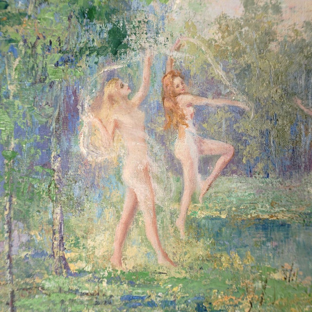 Listed Texas Artist Leola Freeman, Dancing Nymphs in a Forest Oil Painting, American Impressionist For Sale - Image 4 of 9