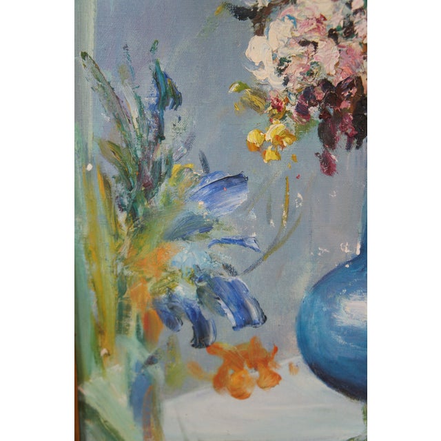 20th Century Still Life Oil Painting Bouquet of Flowers in Blue Vase Framed 43" For Sale - Image 12 of 12