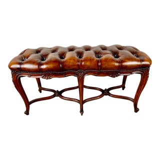 French Leather Tufted Bench C. 1900 For Sale