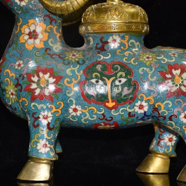 Turquoise Vintage Cloisonné Enamel Gilt Bronze Ram-Form Censer & Incense Burner – Qianlong Mark For Sale - Image 8 of 9