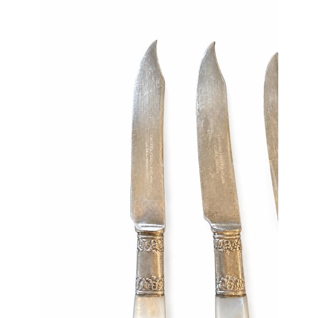 Elegant vintage fruit or dessert knives by Landers, Frary & Clark under their “Aetna” line, featuring luminous mother-of-...