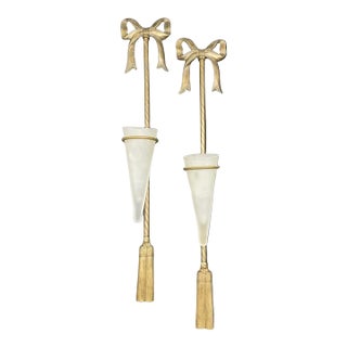 Late 20th Century Pair of Decorative Brass Wall Sconces With Bow Motif and Frosted Glass Vases For Sale