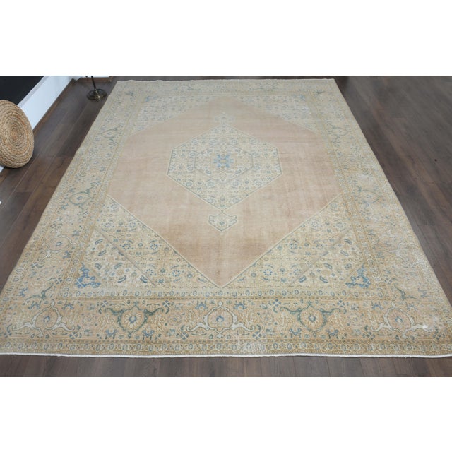 Vintage Persian Hand-Knotted rug is a semi- vintage oversize area rug.'70s Eastern region of Middle East's unique rug is...