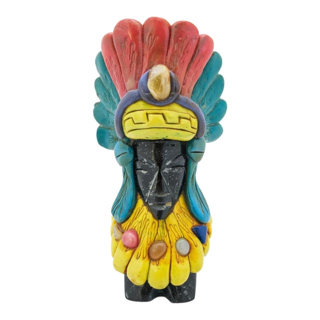 Mayan Aztec Onyx Obsidian Carved Sun Chief God Statue Figure For Sale