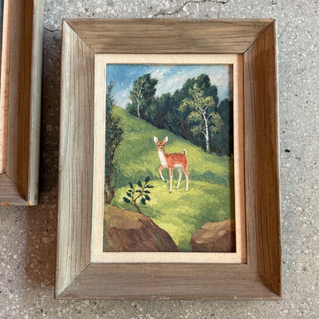 Late 20th Century Late 20th Century Pair of Petite Framed Folk Art Landscape Deer Paintings For Sale - Image 5 of 10