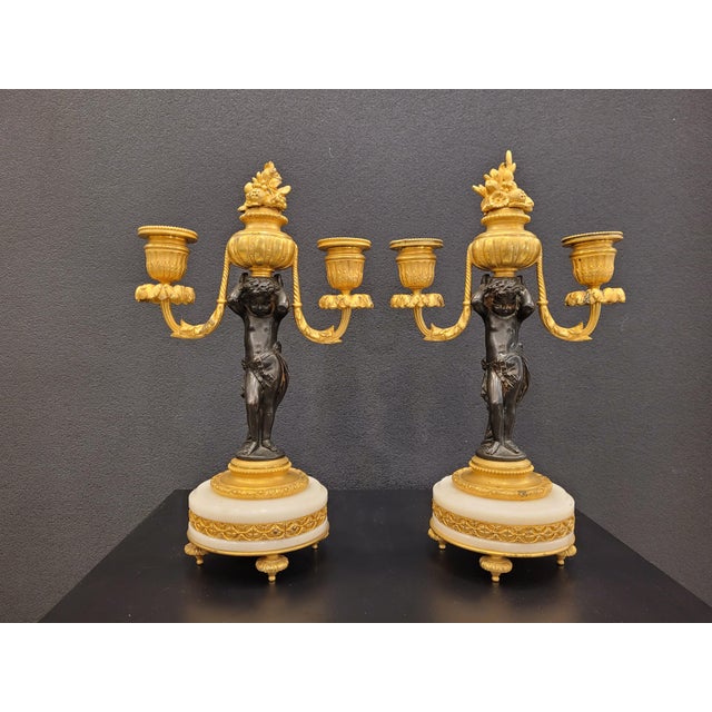 19th Century Putti Candlesticks in Bronze, Ormolu and Marble, France, 1890s, Set of 2 For Sale - Image 6 of 17