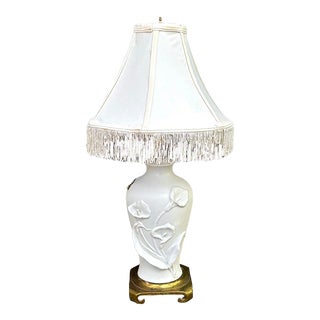 White Ceramic Lily Lamp W/ Brass Ming-Style Base For Sale