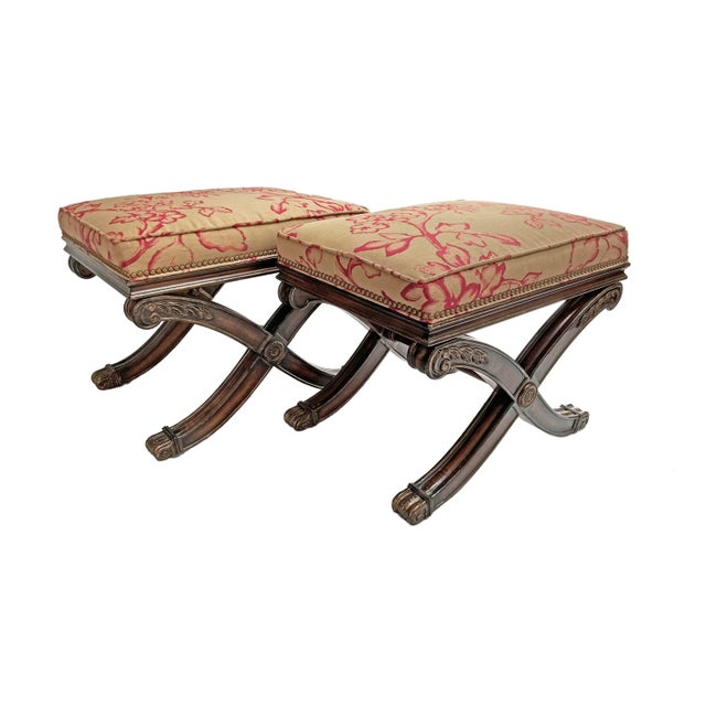 Pair of Ethan Allen X-Base Stools in Tan & Red Classic Gentleman’s Club Room Style Seating Elevate your space with this...