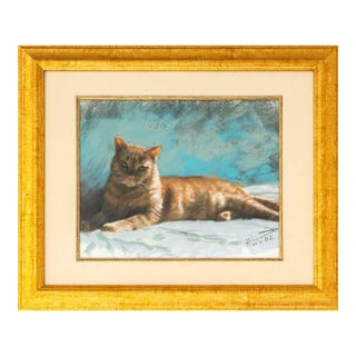 Illegibly Signed Portrait of a Cat Chalk Pastel For Sale