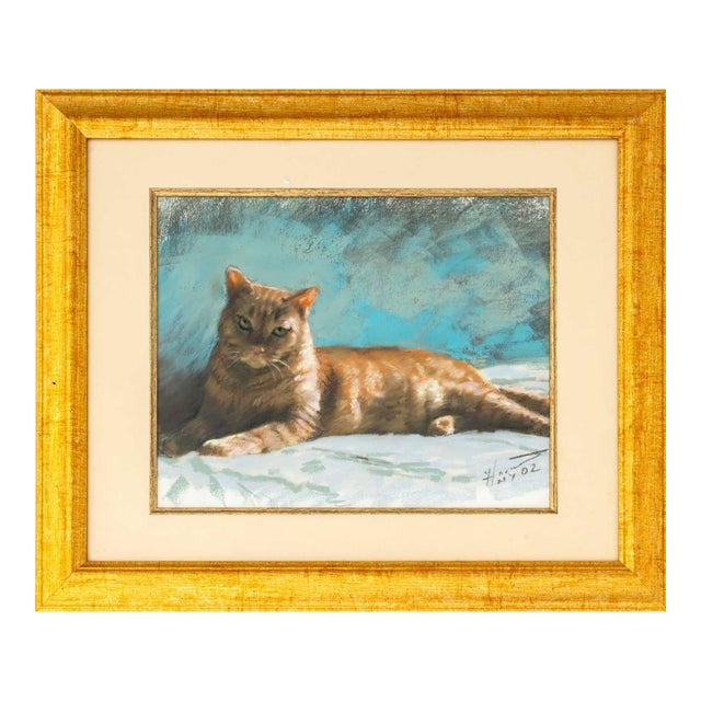 Illegibly Signed Portrait of a Cat Chalk Pastel For Sale
