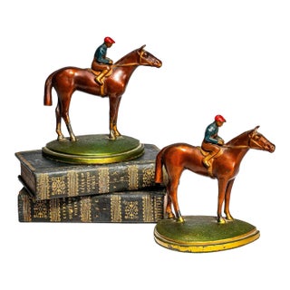Colorful Horse Jockey Antique Cold Painted Bronze Sculpture Statue Bookends Equestrian For Sale