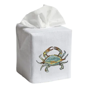 Aqua Atlantic Crab Tissue Box Cover in White Linen & Cotton, Embroidered