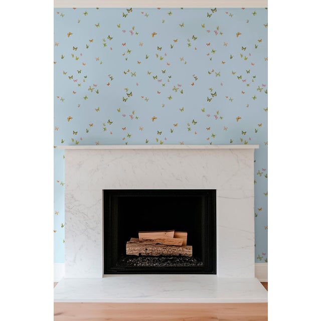 Chinoiserie Butterfly Grove Grasscloth Wallpaper by House Party | Wisteria Blue | 6 Yards For Sale - Image 3 of 8