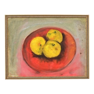 French Vintage Framed Still Life of Apples in a Red Bowl For Sale