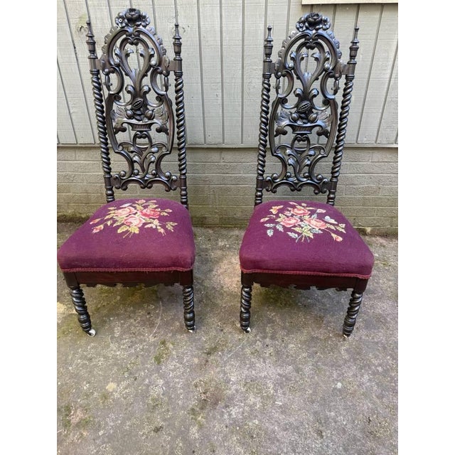 19th Century Pair Antique Victorian Gothic Hand Carved Barley Twist Upholstered Needlepoint Seat Chairs For Sale - Image 16 of 17