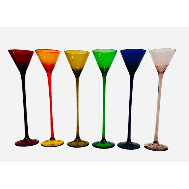 Vintage Colorful Stemware 10" Tall Glass Flutes Set of 6 For Sale - Image 10 of 10