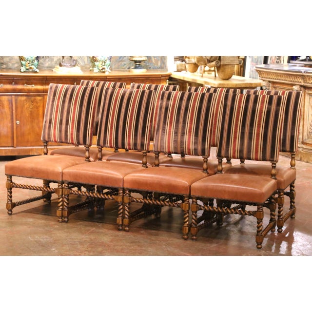 Wood Set of 10 Louis XIII Style Walnut and Leather Dining Room Chairs For Sale - Image 7 of 13