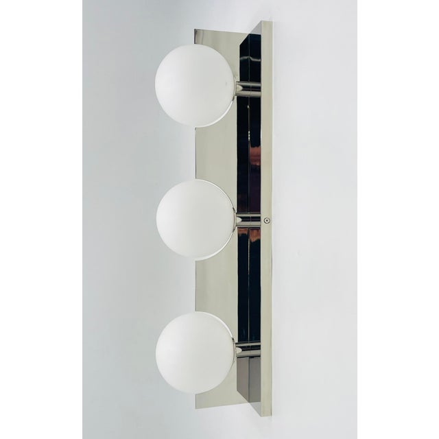 Chrome Modern Chrome 3-Globe Wall Sconce or Vanity Light, Frosted Glass Shades For Sale - Image 8 of 15