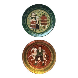 Mid 20th Century Swiss Heimatwerk Basel Hand-Painted Folk Art Wall Plates, Set of 2 For Sale