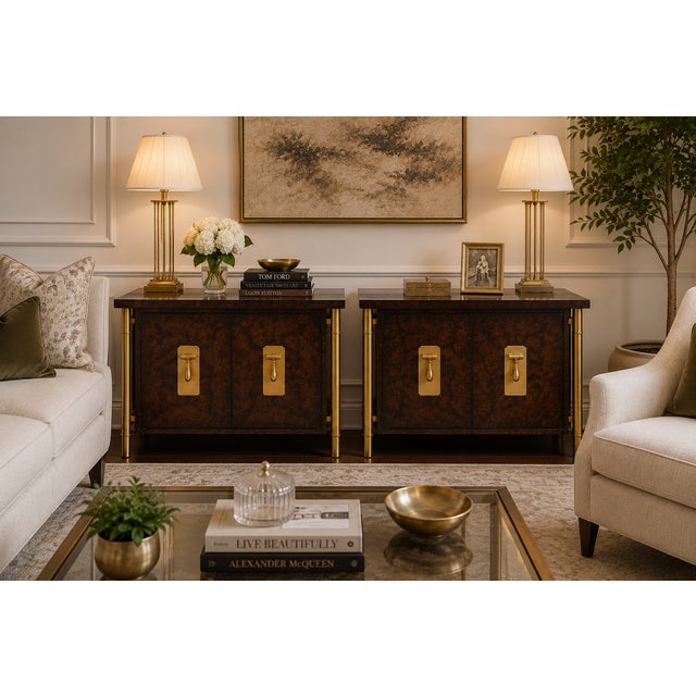 Hollywood Regency 1970s Attributed to Mastercraft Hollywood Regency Burl Wood & Satin Brass Side Cabinets / Nightstands – A Pair For Sale - Image 3 of 15