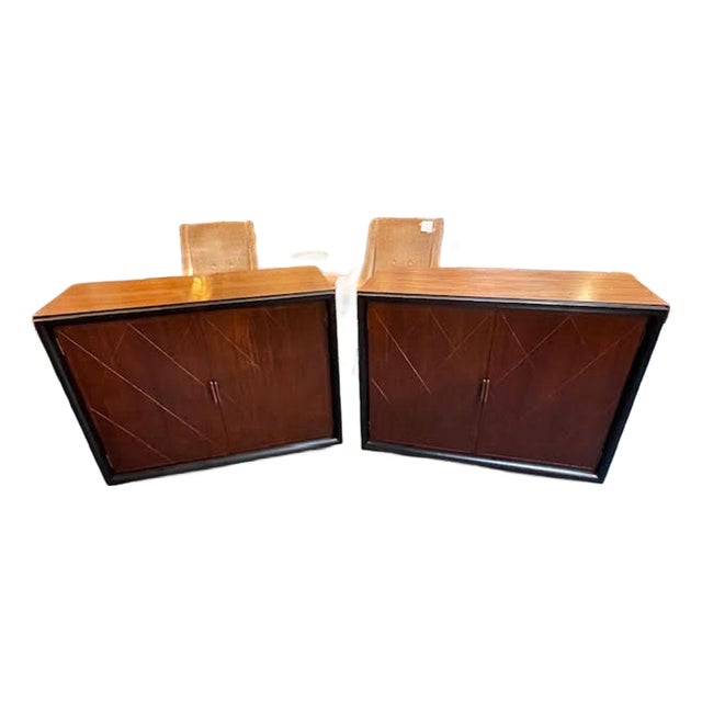 Pair of French MCM Brass Inlaid Mahogany and Ebony Side Cabinets For Sale