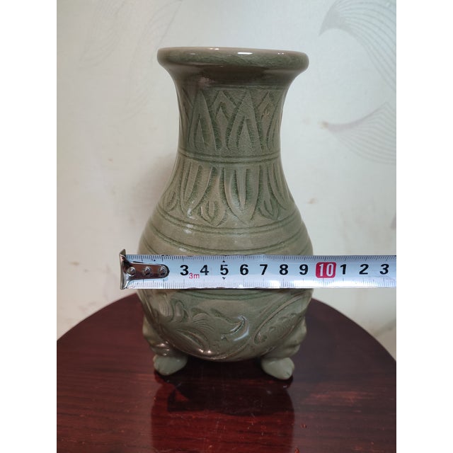 Chinese Ceramic Censer Hand Carved Yaozhou Ware Celadon Three Legs Censer For Sale - Image 11 of 12