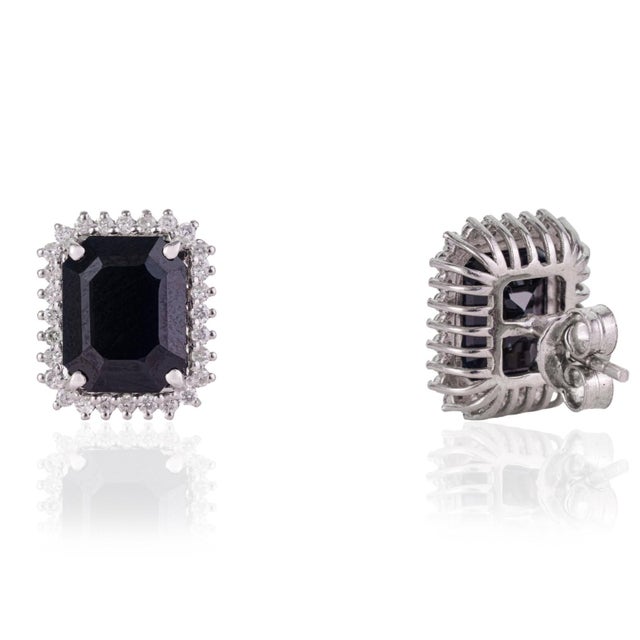 Art Deco 8.3 Ct Art Deco Octagon Cut Blue Sapphire & Diamond Halo Stud Earrings - A Pair For Sale - Image 3 of 13