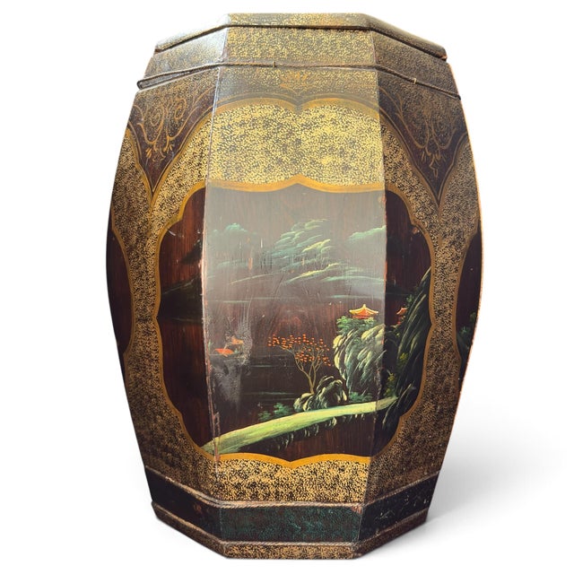 Mid 20th Century Mid 20th Century Unusual Kitten & Goldfish Octagonal Rice Barrel Hand-Painted Lacquer Wood 17.5" For Sale - Image 5 of 18