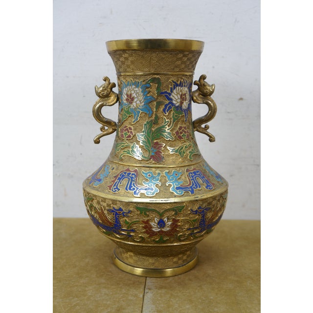 Metal Antique Japanese Bronze Champleve Cloisonne Enamel Dragon Mantel Vase Urn 12" For Sale - Image 7 of 17