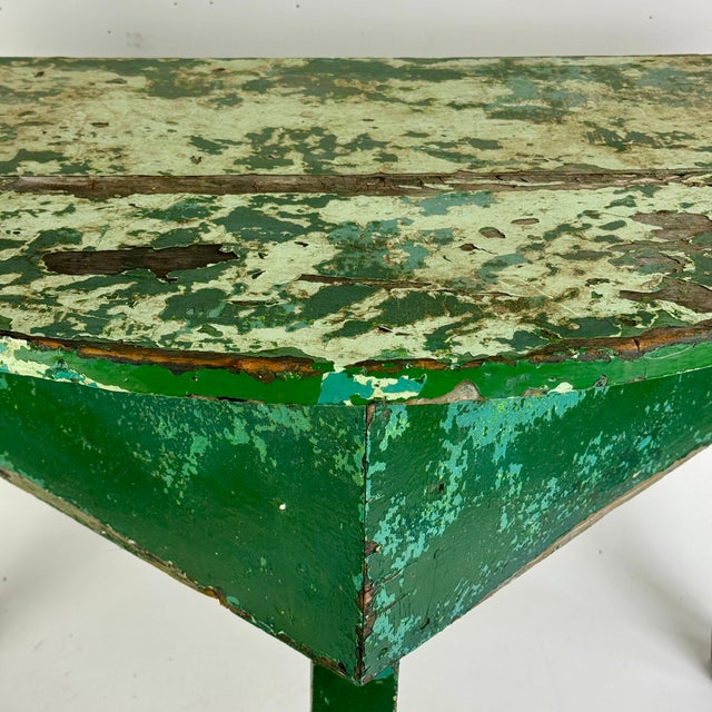 Early 20th Century Demilune Shaped Hand Constructed Wooden Accent Table in Naturally Distressed Avocado Green For Sale - Image 13 of 13