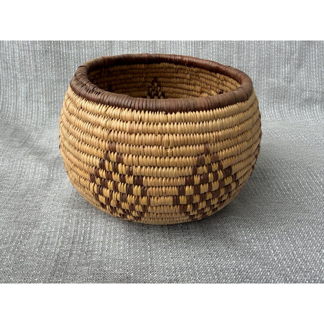 Native American Woven Vintage Geometric Coil Basket For Sale - Image 3 of 15