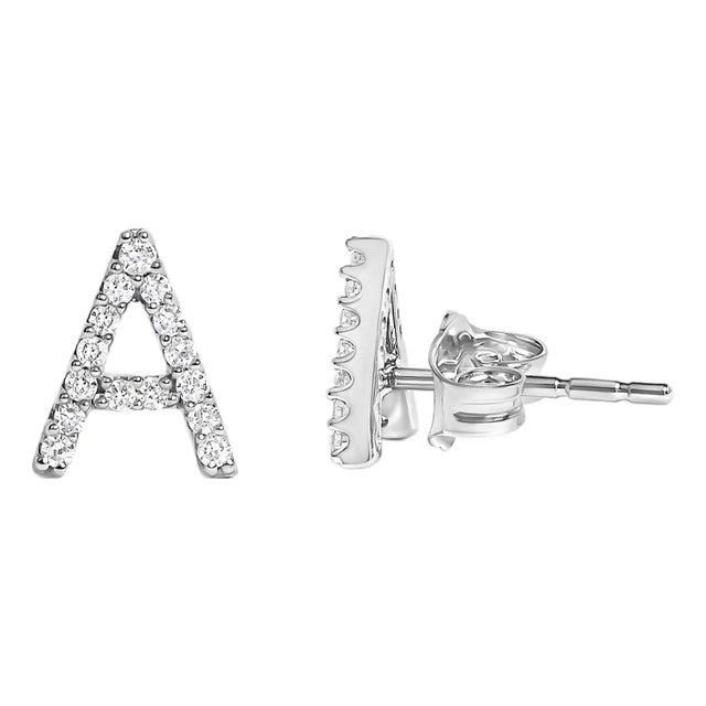 10K White Gold 1/10 Cttw Diamond Initial “A” Stud Earring For Sale