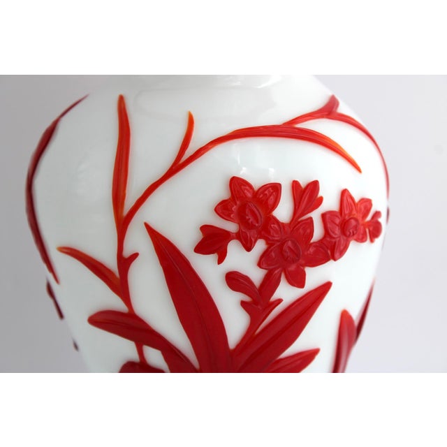 1900 - 1909 Antique Chinese Red and White Peking Glass Vase, Hand Carved, C1900, 10.75” For Sale - Image 5 of 12