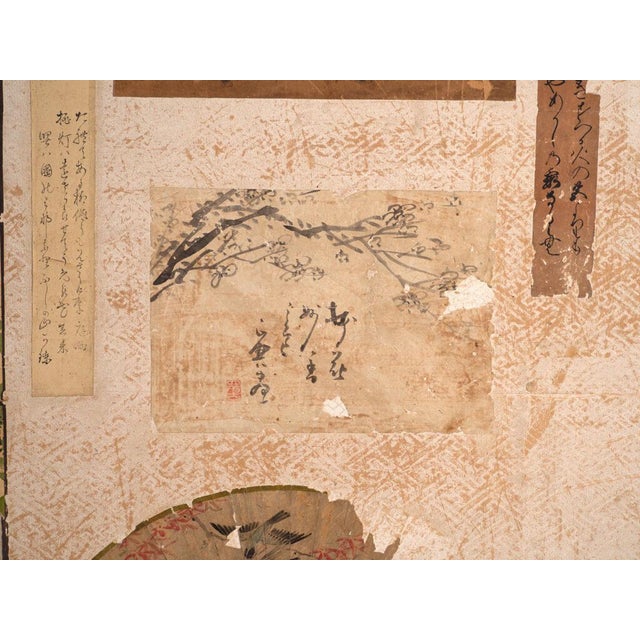 Antique Japanese Two-Panel Screen with Painting Collage, 1900 For Sale - Image 4 of 13