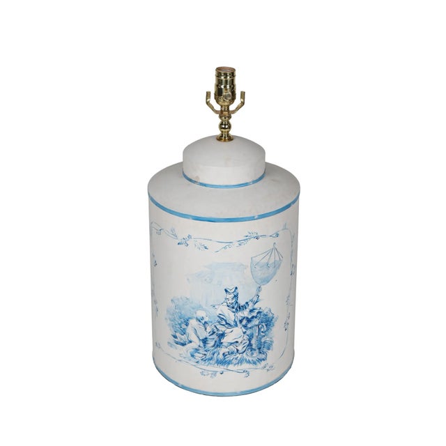 A Pair Vintage English Export Tea Caddy Hand-Painted Chinoiserie Figurines Table Lamp For Sale - Image 4 of 10