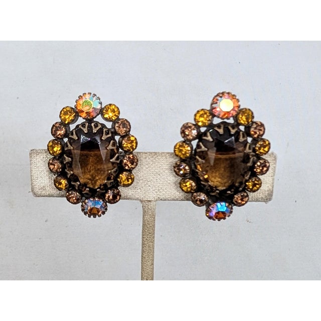 Mid-Century Modern Vintage 1960s Signed Kramer of Ny Faux-Topaz & Orange Aurora Borealis Clip Earrings-2 Pieces For Sale - Image 3 of 9